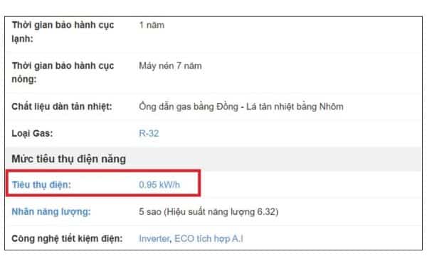 Mức tiêu thụ điện năng thường được ghi rõ trong thông số kỹ thuật của sản phẩm